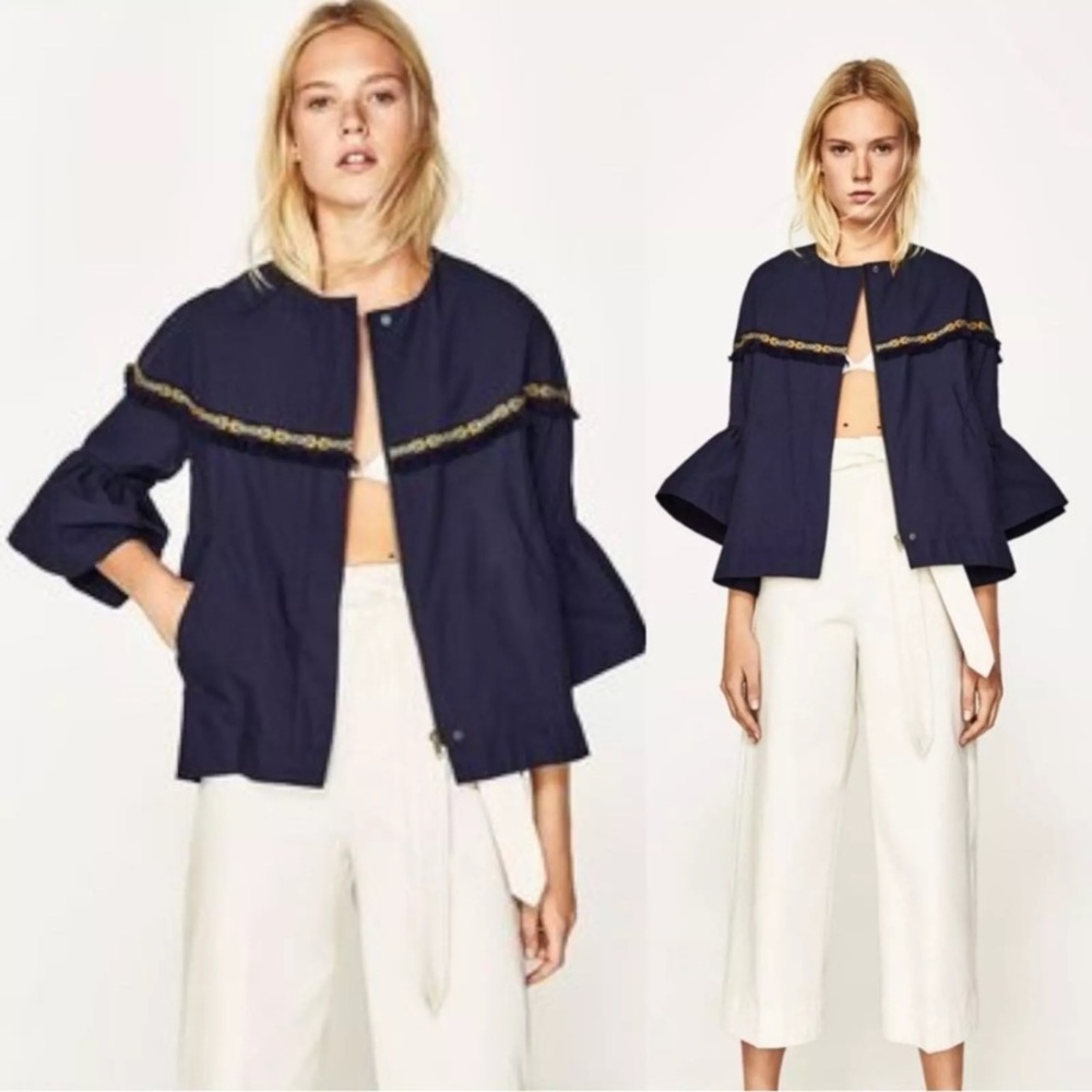 Zara Basic Navy Blue Bell Sleeve Fringe Aztec Trim Full Zip Jacket Size M